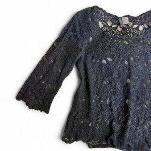 H&M Divided Black Lace Top Size 8 Boho Goth Sheer 3/4 Sleeve